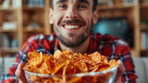   A man with a bowl of chips in front of his face and a bookcase behind him