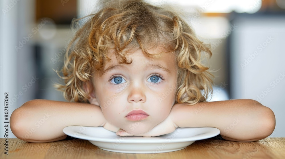 A child, seated at a table, gazes at the camera, a plate of food in close proximity A child, seated at a table, gazes at the camera, a plate of food in close proximity