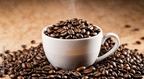 white cup overflowing with coffee beans