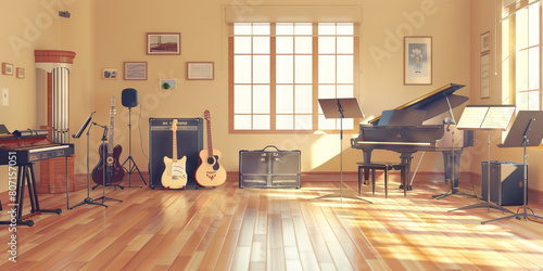 Music Room Floor: Featuring musical instruments, sheet music stands, a piano, and audio equipment for music classes. photo