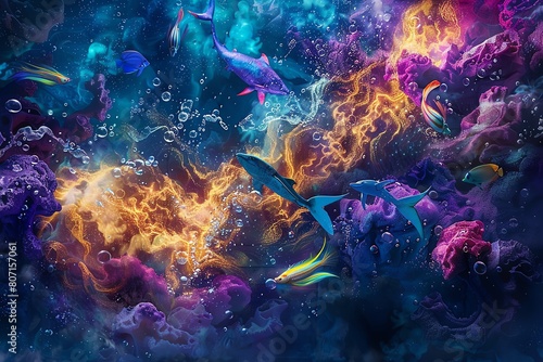 Dive into a mesmerizing underwater realm  capturing fantastical sea creatures in vibrant  luminescent hues with a whimsical twist on aerial perspective