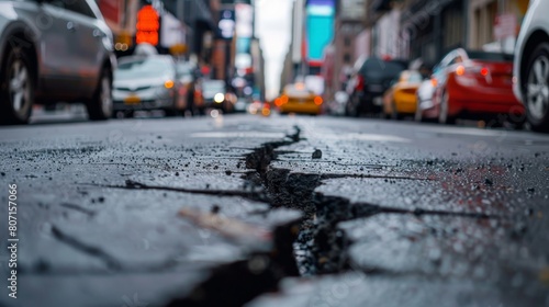 A crack in the asphalt of a city street with cars driving in the background photo