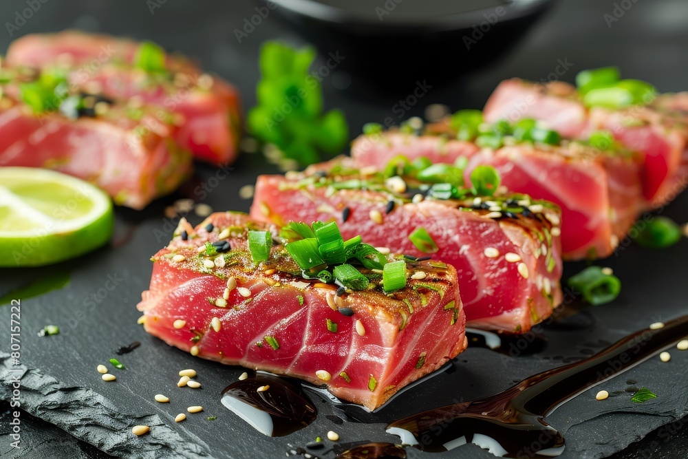 Seared ahi tuna macro with sesame seeds soy sauce wasabi and lime on the table Seared ahi tuna macro with sesame seeds soy sauce wasabi and lime on the table