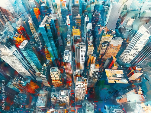Elevate urban exploration to new heights by melding photorealistic cityscapes with abstract perspectives, showcasing the metropolis from a high-angle view like never before photo