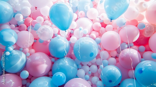 A bunch of balloons in pink  blue and white. The balloons are all different sizes and are hanging from the ceiling. The balloons create a fun and festive atmosphere