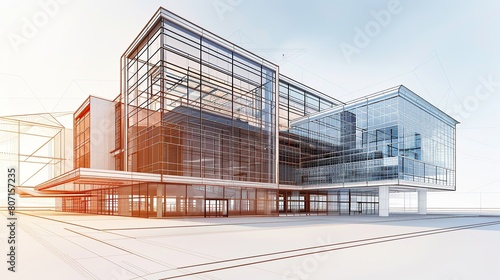 Design a building wireframe sketch with clear sketch lines. Digital project architecture 3D visualization concept