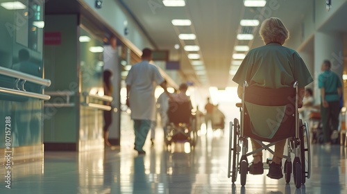 A nurse helps elderly people in a hospital. She helps them walk and ride in wheelchairs. photo