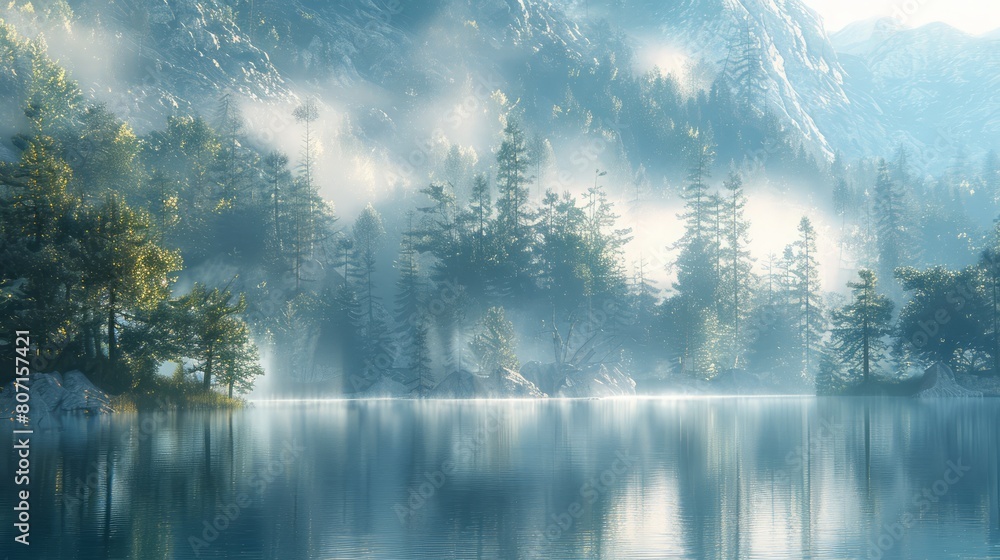 A serene and peaceful scene of a lake surrounded by trees with a misty fog in the background
