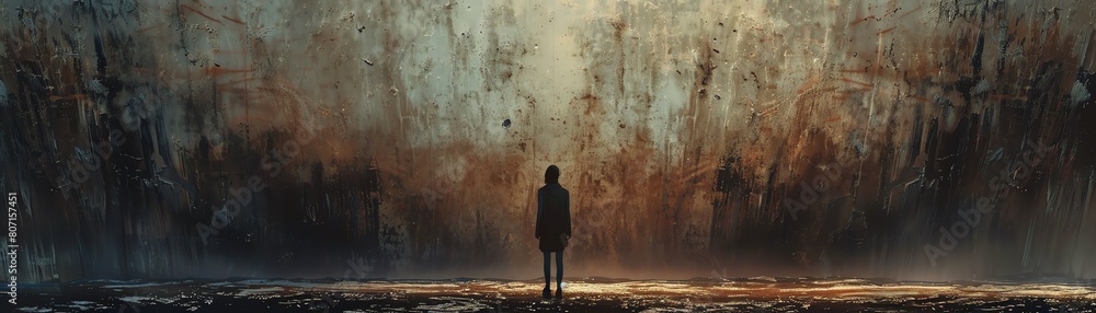 Obraz premium Explore a haunting digital masterpiece of a figure standing alone, framed from a low angle, capturing an eerie sense of vulnerability and isolation