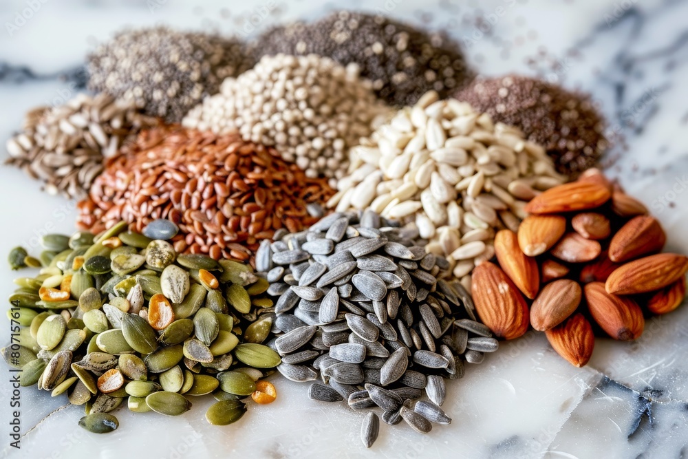 Fototapeta premium Seeds rich in nutrients from flax sunflower pumpkin poppy sesame and chia