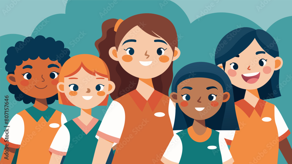 Smiling girls in matching uniforms posing for a team photo before their summer league game begins.. Vector illustration Smiling girls in matching uniforms posing for a team photo before their summer league game begins.. Vector illustration