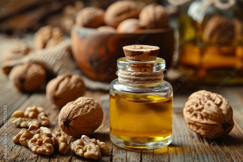 Selective focus on bottle of walnut oil and nuts Selective focus on bottle of walnut oil and nuts