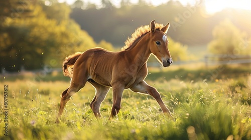 A playful baby horse gallops through a field on a sunny day.