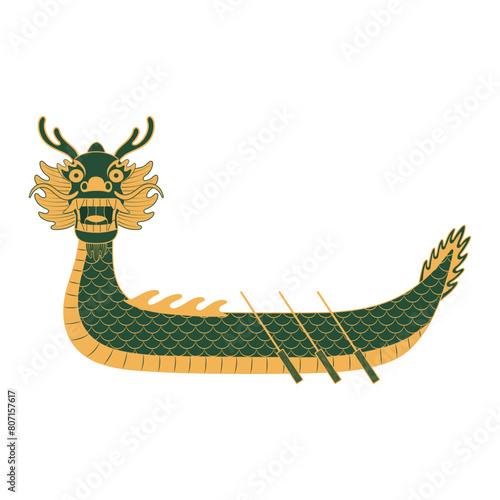 Dragon Boat Festival dragon boat with oars line art hand drawn illustration. Dragon Boat Festival, traditional holiday clip art, card, banner, poster element. Asian style design, isolated vector.