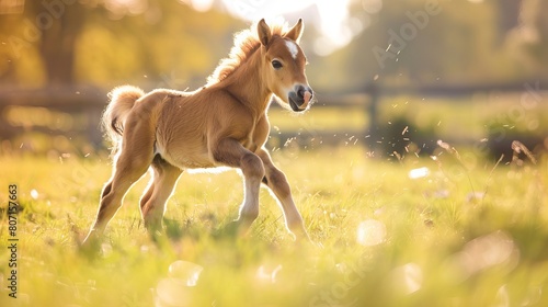 A playful baby horse gallops through a field on a sunny day. photo