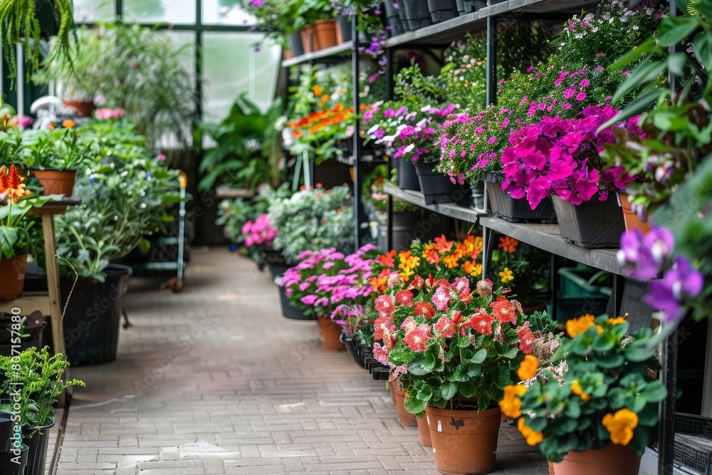 Selling a variety of flowering plants in pots and on stands at a garden center Also available are floor plants in a greenhouse for sale