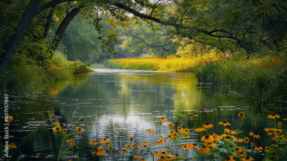 Fototapeta premium A river with a lot of trees and flowers on the banks. The water is calm and the sun is shining on the flowers