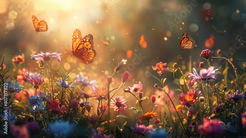 A field of flowers with butterflies flying around. The butterflies are orange and white