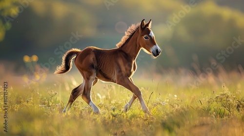A playful baby horse gallops through a field on a sunny day.