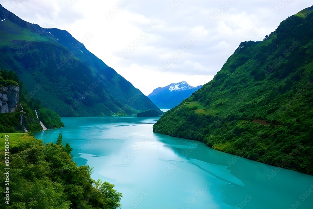  a large blue lake surrounded by green mountains. The sky is overcast, and the water is calm. There are no people or animals visible in the scene.