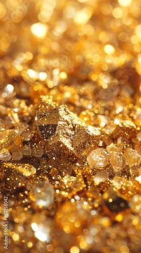 A pile of gold rocks with a blurry background photo