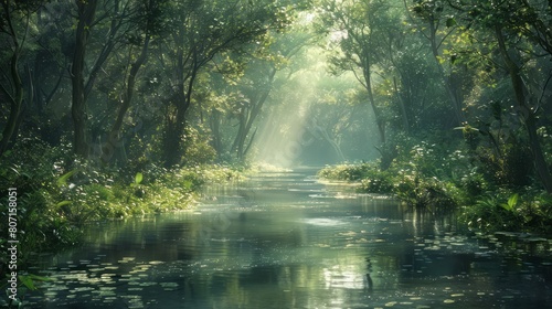 A forest with a river running through it. The water is calm and the sun is shining through the trees