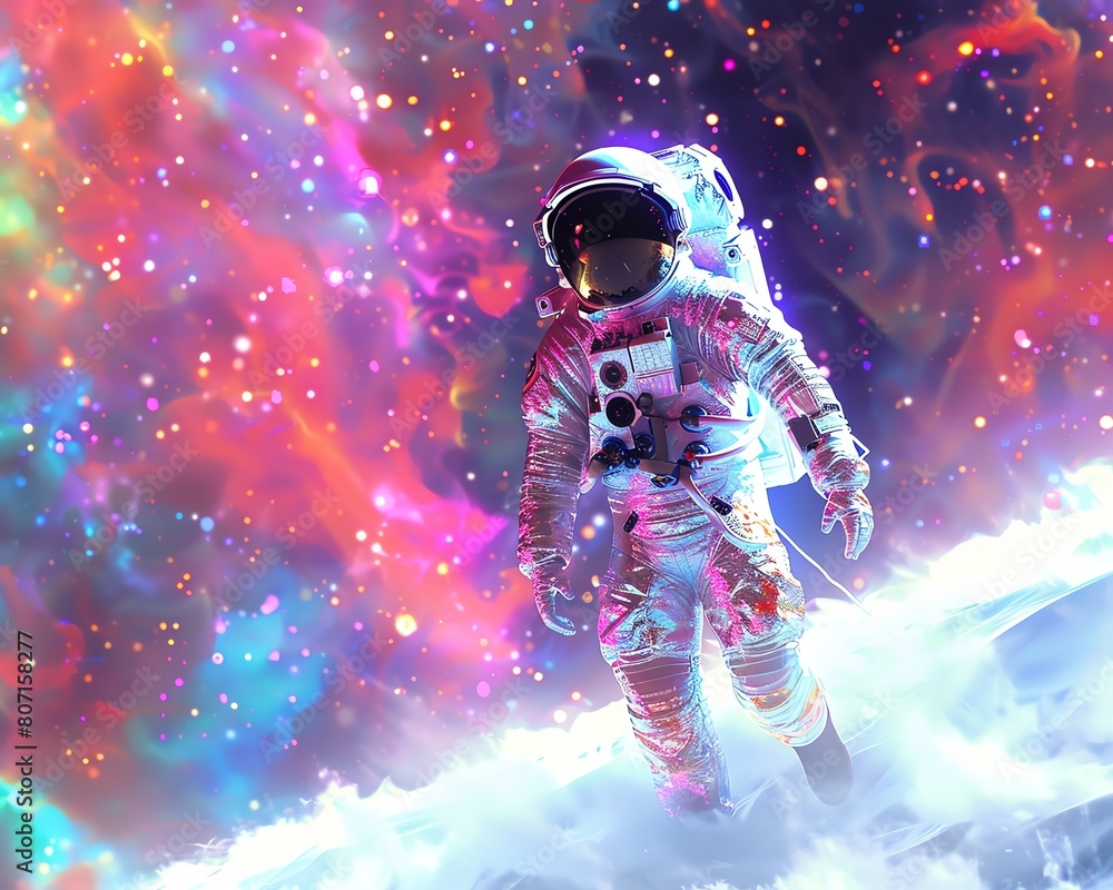 Fototapeta premium Imagine a hybrid cyber-astro fashion presentation blending holographic garments on astronauts gliding weightlessly in a cosmic runway