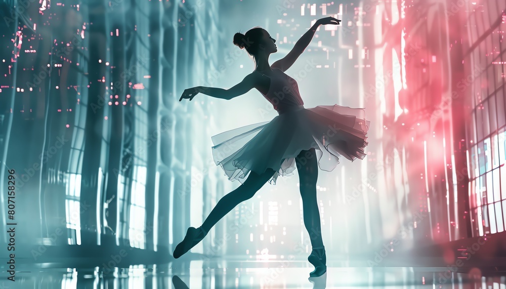 Immerse in a low-angle view as futuristic technologies merge with elegant ballet, captured from unexpected camera angles to showcase a blend of grace and innovation Immerse in a low-angle view as futuristic technologies merge with elegant ballet, captured from unexpected camera angles to showcase a blend of grace and innovation