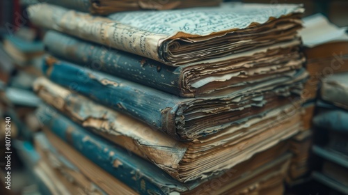 A stack of old books with a blue cover. The stack is piled high, and the books are stacked on top of each other