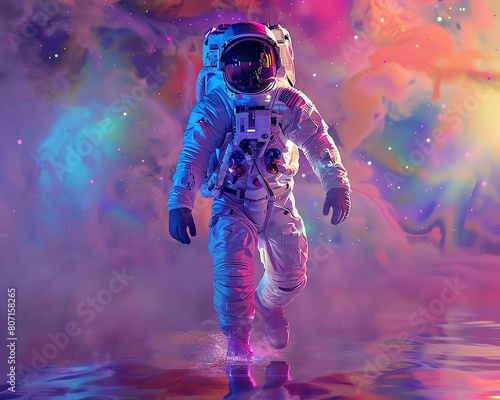 Imagine a hybrid cyber-astro fashion presentation blending holographic garments on astronauts gliding weightlessly in a cosmic runway