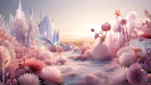 Fantasy landscape with fantasy alien planet and flowers. 3d illustration