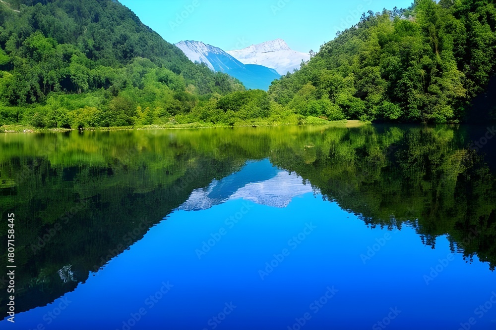 A lake surrounded by trees reflects the trees and sky.