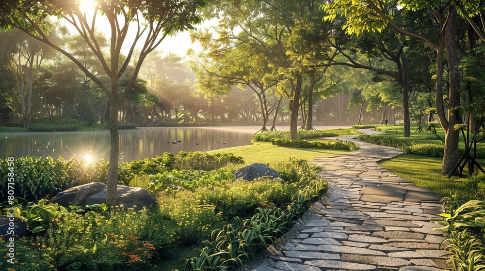 A stunning park with vibrant greenery and a sparkling lake basks in the warm sunlight. A winding stone path leads through the lush surroundings, inviting you to explore its beauty.