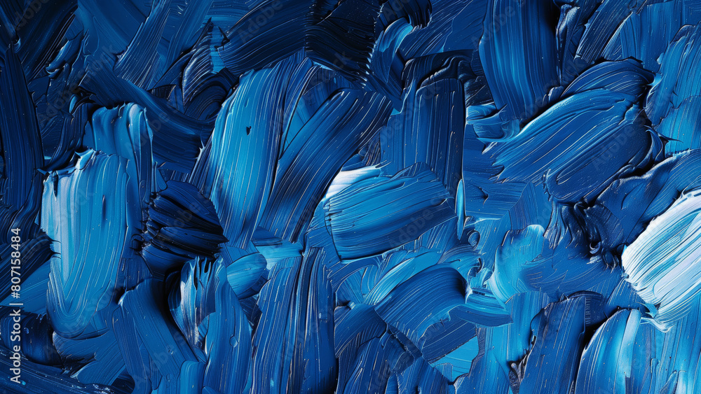 Obraz premium Blue paint mixture, wet oil painting on canvas, abstract modern art concept, color wallpaper design background texture