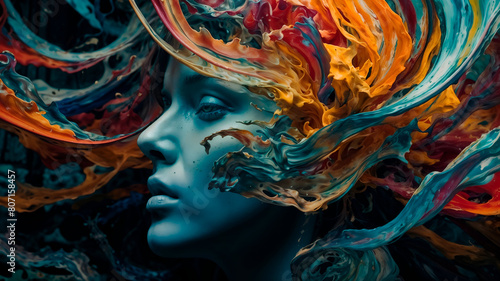 A woman with a haircut made of colorful, flowing paint in the background of swirling mass of colors