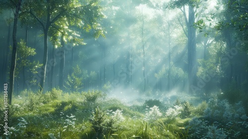 A forest with trees and grass. The sun is shining through the trees, creating a peaceful and serene atmosphere