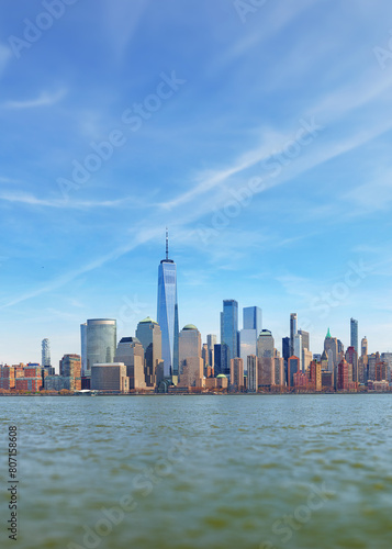Big panorama view of New York city. View from New Jersey to completely Manhattan with world trade center in the middle.