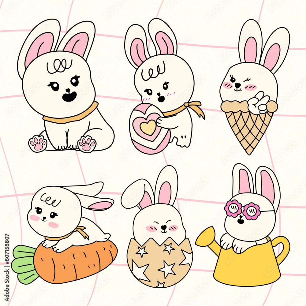Cute bunny spring, A cartoon rabbit is holding a carrot and a green leaf, Easter bunny collection, Draw banner on pink pastel for spring season