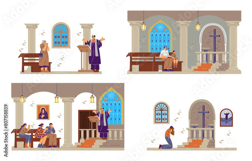 Praying people in church vector set, Christian Orthodox religious persons pray to God, Priest makes a liturgy speech