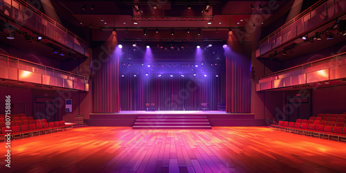 Auditorium Floor: Featuring a stage, seating for performances or presentations, lighting rigs, and sound equipment © Lila Patel
