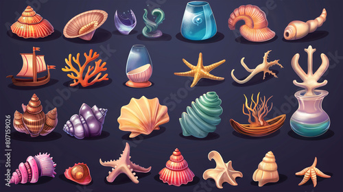 Slot of sea shell and vessels game assets set isolation, Illustration
