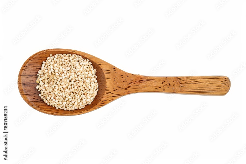 Sesame seeds on wooden spoon white background Sesame seeds on wooden spoon white background