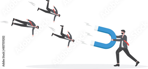 Businessmen use large magnets to attract people. Customer Acquisition and Marketing

