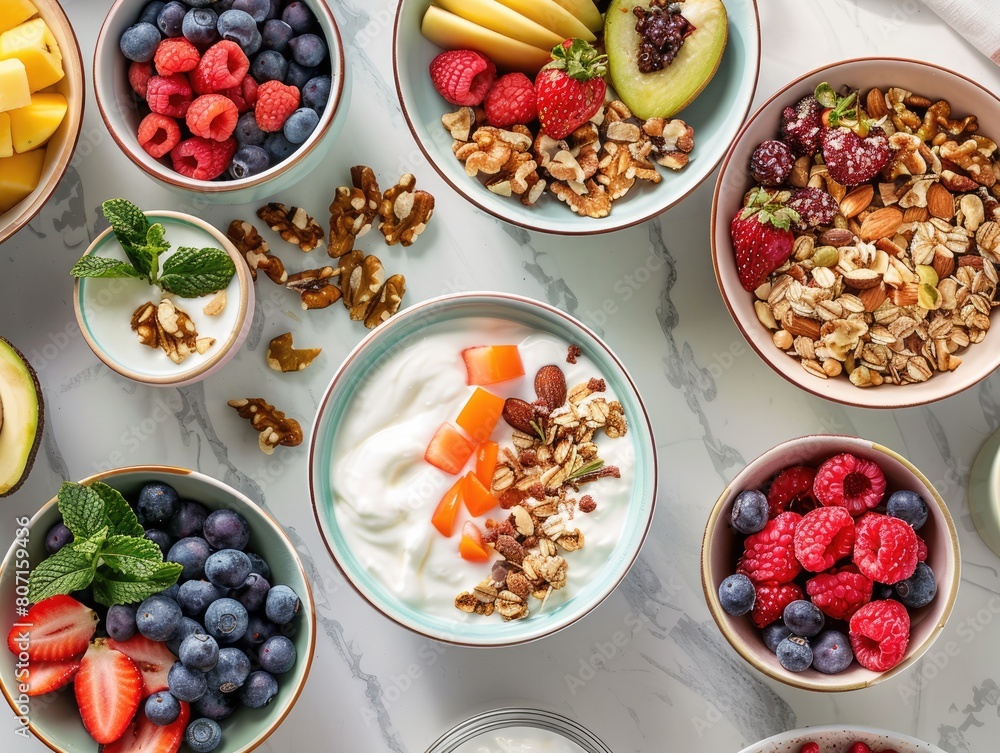 Boho Morning Bliss, nutritious breakfast bowls with fruit, nuts and Greek yogurt Boho Morning Bliss, nutritious breakfast bowls with fruit, nuts and Greek yogurt
