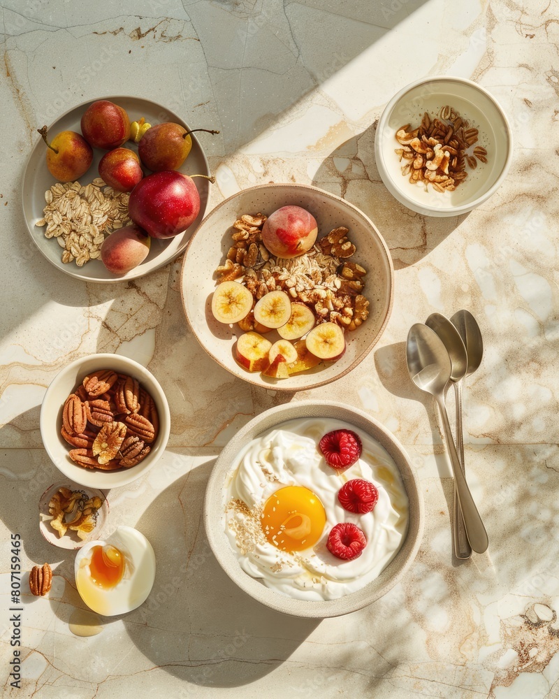 Boho Morning Bliss, nutritious breakfast bowls with fruit, nuts and Greek yogurt Boho Morning Bliss, nutritious breakfast bowls with fruit, nuts and Greek yogurt