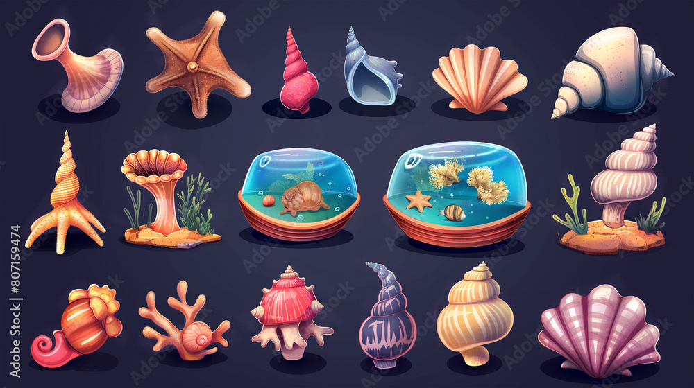 Slot of sea shell and vessels game assets set isolation, Illustration Slot of sea shell and vessels game assets set isolation, Illustration