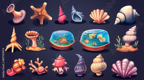 Slot of sea shell and vessels game assets set isolation, Illustration © AI-Stocks
