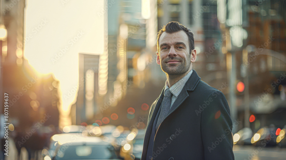 A man in a suit and tie stands on a city street, smiling for the camera ...