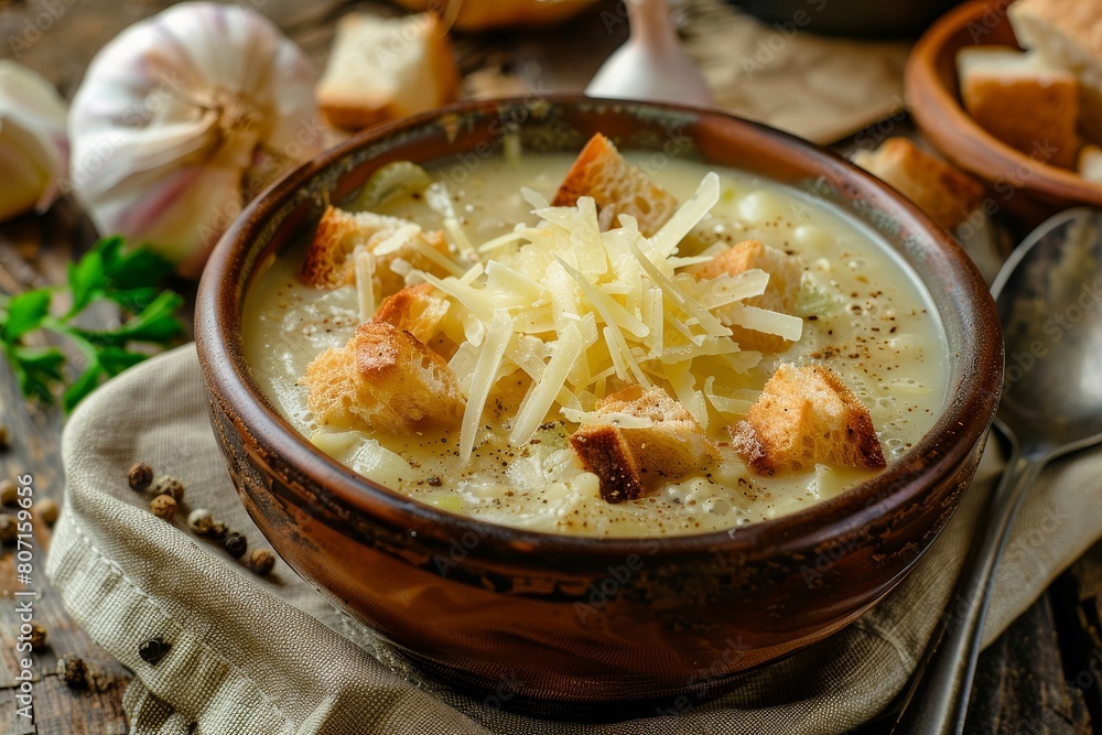 Soup with bread and melted cheese Soup with bread and melted cheese