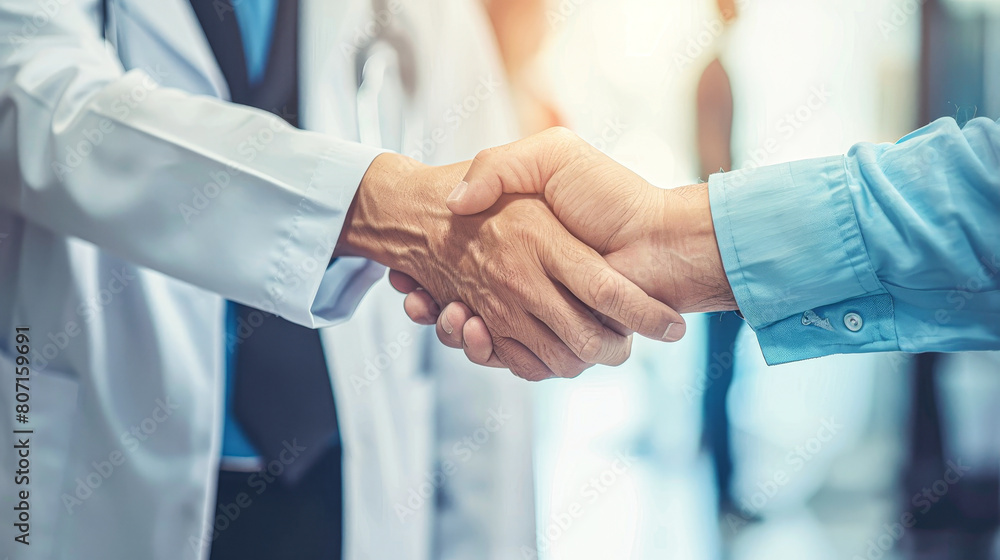 A handshake between a doctor and a patient. The doctor is wearing a white coat and the patient is wearing a blue shirt A handshake between a doctor and a patient. The doctor is wearing a white coat and the patient is wearing a blue shirt